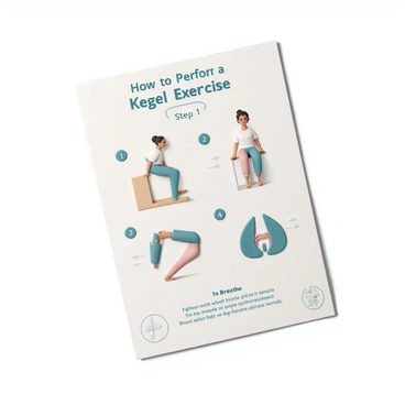 An instruction card, featuring a clean and simple design, displays the title "How to Perform a Kegel Exercise" at the top in bold letters. The card contains a series of numbered steps, each accompanied by a corresponding illustrative icon. 

Step 1 shows a woman sitting comfortably on a chair, with her hands resting on her thighs, demonstrating a relaxed posture. Step 2 depicts a close-up of the pelvic area, highlighting the muscles being targeted. 

Step 3 features the woman in a standing position, with a visual cue indicating where to focus the contractions. Step 4 illustrates the woman practicing the exercise by tightening and releasing her pelvic muscles, with arrows indicating the motion.

At the bottom of the card, there is a reminder to breathe normally during the exercise, with a simple graphic of lungs to emphasize the point. The overall color scheme is calm and soothing, with pastel shades enhancing readability and clarity.