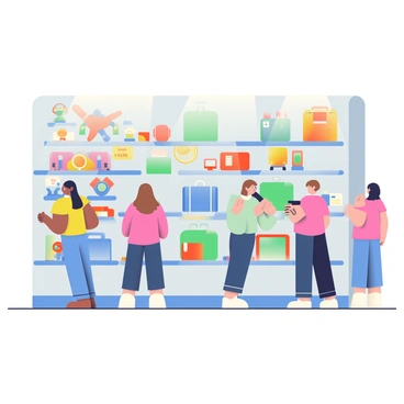 A retail store features a wall filled with various colorful drone accessories and add-ons. The wall is organized with several shelves displaying items such as orange propellers, blue battery packs, and green carrying cases. Hanging from the wall are small yellow clips and red camera mounts. Each accessory is clearly labeled with a price tag. The background shows a light gray wall, which contrasts with the bright colors of the accessories. A few customers can be seen browsing in the store, examining the items closely.