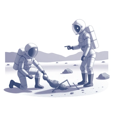 Two astronauts in space suits are exploring the barren surface of a distant planet. One astronaut is kneeling down, examining a lifeless alien figure partially buried in the dusty terrain. The alien figure has an intricate design, with elongated limbs and an unusual head shape. The other astronaut stands nearby, pointing at the figure, with a look of curiosity and concern on their face. The stark, desolate landscape includes rocky formations and craters, while the sky is empty and devoid of any features.