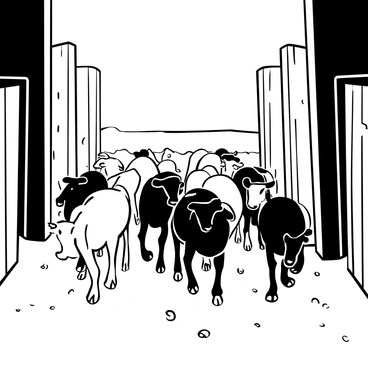 A group of cattle walking in a line through a narrow, dusty corridor. The corridor is bordered by wooden fences on either side. Dust particles are visible in the light filtering through the open ends of the corridor, creating a dynamic atmosphere. The cattle appear to be moving steadily, some with their heads lowered, as they make their way toward an open field visible at the far end. The ground is uneven and the dust occasionally kicks up as they walk.