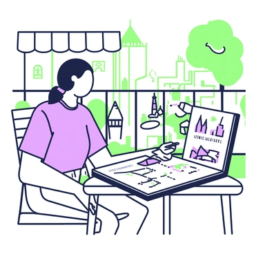 An artist is seated at a small table in an outdoor café, sketching in a travel journal. The artist has medium-length hair tied back and wears a comfortable shirt and jeans. In front of them, the open journal displays several sketches of "iconic landmarks" from various countries, including a "tower", a "palace", and a "bridge". The artist holds a pencil in the right hand while the left hand rests on the page. In the background, a view of the café's setting includes other tables and a few people enjoying their time. The atmosphere is lively, with trees and a hint of city architecture visible in the distance.