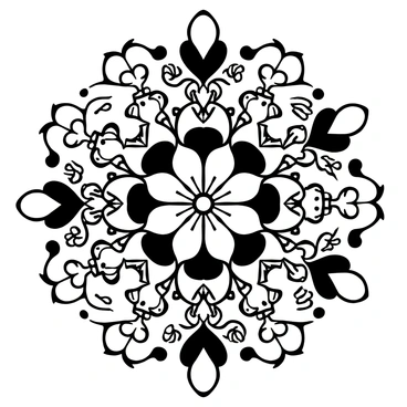 An intricate black-and-white illustration featuring a symmetrical kaleidoscope effect composed of abstract flower patterns. The patterns radiate outward from the center, creating a dynamic sense of movement and complexity. Each flower shape is unique, with varying petal designs and intricate details. The overall composition is balanced, with floral motifs seamlessly transitioning into one another, filling the entire image with a captivating arrangement.