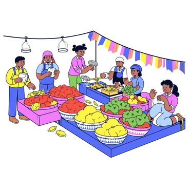 A bustling Indian spice market filled with piles of colorful spices in various hues of red, yellow, and green. Stalls are lined with vibrant baskets overflowing with fragrant herbs such as coriander and mint. Busy vendors are engaged in lively conversations, some weighing spices on brass scales, while others are handing bags to eager customers. Brightly colored banners hang above the stalls, adding to the lively atmosphere of the market.