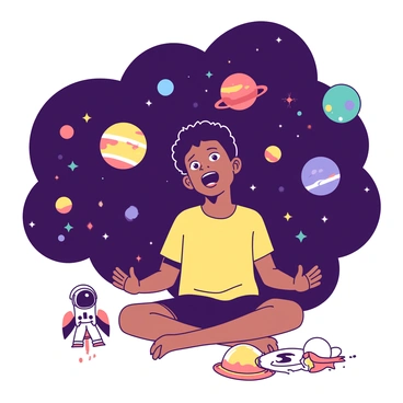 A black boy is sitting cross-legged on the floor, with a dreamy expression on his face. His eyes are wide open, sparkling with excitement as he imagines himself floating in space. In his imagination, he sees colorful planets surrounding him, each displaying unique features like rings and spots. Bright stars twinkle all around, illuminating the dark expanse of space. He is wearing a simple t-shirt and shorts, and a few scattered toys resembling rockets and astronauts are in the foreground, emphasizing his love for space exploration.