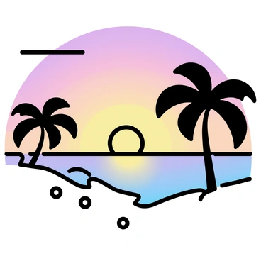 A beach scene during sunset. The sky is filled with warm hues of orange, pink, and purple blending together. The sun is low on the horizon, casting a gentle light over the water, which reflects the colors of the sky. Silhouettes of palm trees are visible in the foreground, framing the scene. A few small waves gently lap at the shore, leaving behind a glistening wet sand. The overall composition captures the tranquil atmosphere of the beach at sunset.