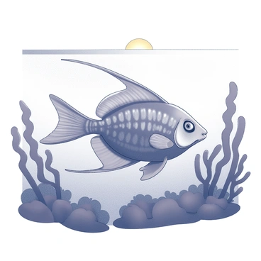 An angelfish is swimming gracefully through the water. The fish has elongated fins and a vibrant body, showcasing distinct patterns on its scales. Surrounding the angelfish, the water is filled with the silhouettes of corals and sea plants. Above, a horizon is visible, where the sea meets the sky, suggesting the presence of a sunset with soft gradients. The overall scene conveys a tranquil underwater environment, with the angelfish at the center of the composition.