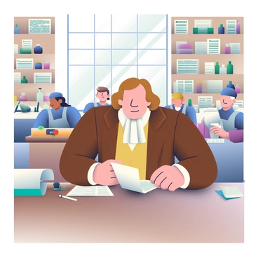 Benjamin Franklin is depicted in a lively colonial newspaper office. He has light brown hair, is wearing an elegant brown coat over a white shirt, and he appears focused as he reviews a printed page. Around him, several workers are engaged in various tasks, including typesetting and folding papers. Wooden shelves lined with stacks of printed newspapers and ink bottles fill the background. A large window allows natural light to illuminate the workspace, and a quill pen rests on a wooden desk next to him. In the corner, a small printing press can be seen, with a few sheets of paper waiting to be printed.