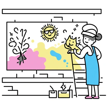 An artist, wearing a blue apron and a white hat, is standing on a ladder while painting a large mural on a brick city wall. The mural features vibrant, splashy colors, predominantly red, yellow, and blue. It includes humorous characters such as a smiling sun with sunglasses, a dancing cat, and a quirky tree with eyes. The artist is holding a paintbrush and adding details to the characters, surrounded by paint cans and brushes on the ground. The wall is textured, showcasing the urban environment.