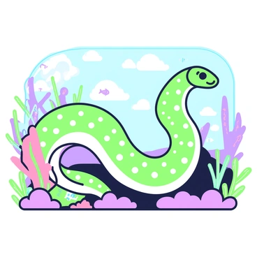 A moray eel is swimming gracefully through a vibrant underwater scene. The eel displays shimmering scales that reflect light in various angles. Its body is adorned with luminescent patterns that glow softly, illuminating the water around it. Colorful coral formations and schools of small fish can be seen in the background, adding to the richness of the underwater environment. The scene captures the unique contours and movements of the moray eel as it navigates through the vibrant habitat.