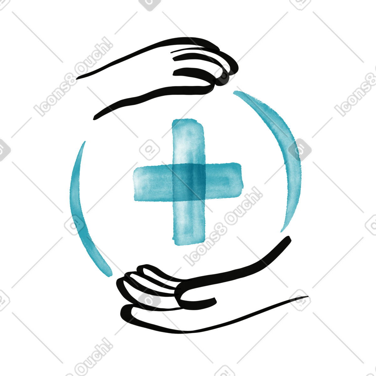 Watercolor sketch 스타일의 Medical cross surrounded by caring hands symbolizing health support 일러스트레이션 PNG, SVG 다운로드