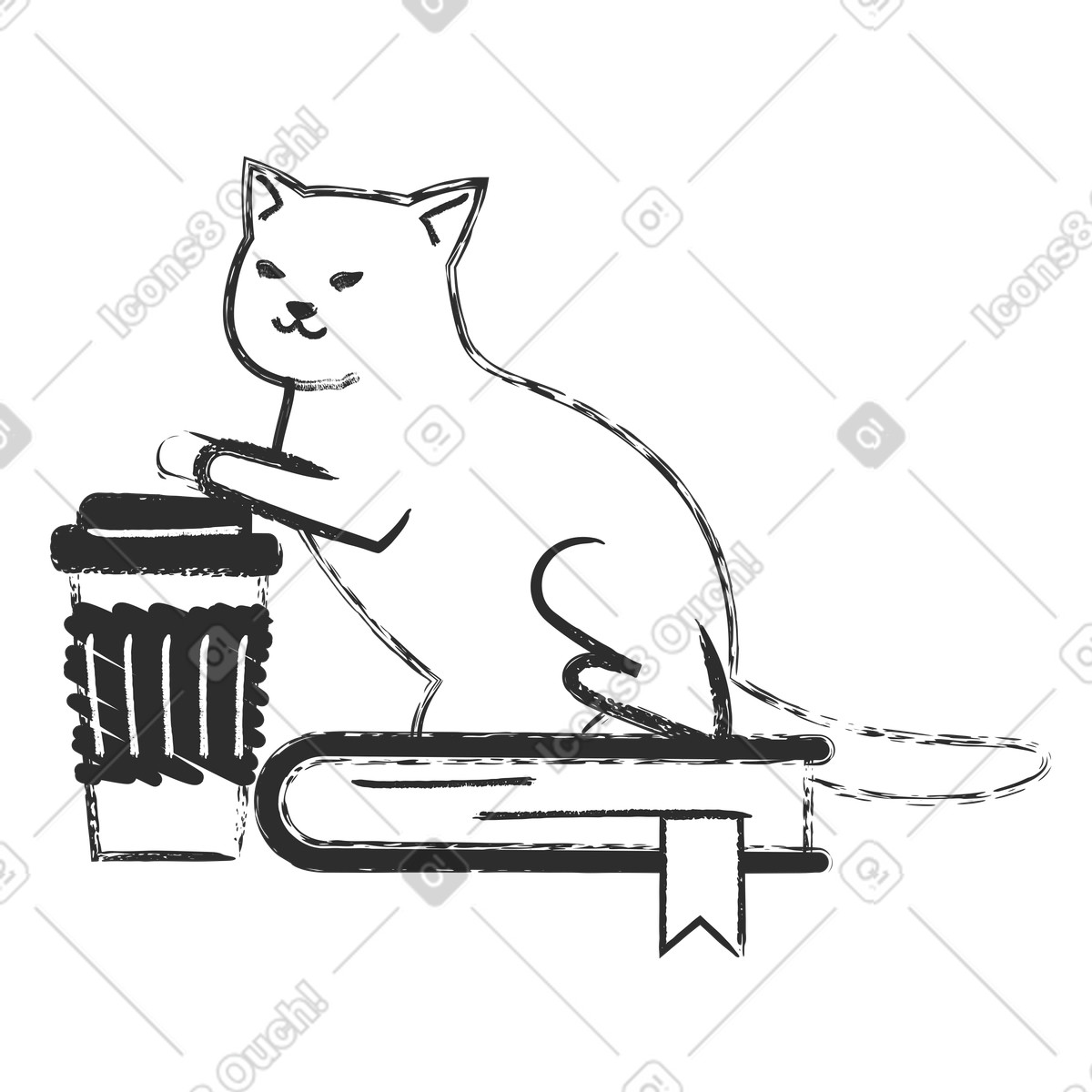 Illustration Chat avec une tasse de café et un livre dans le style Graphite à télécharger aux formats PNG, SVG