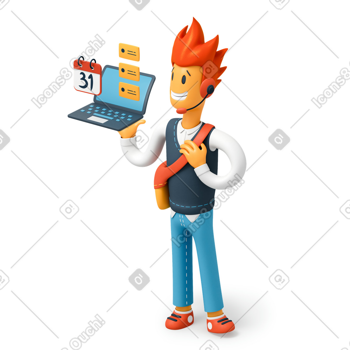 Geschäftsmann hält einen laptop mit projektaufgaben auf dem bildschirm-Illustration im 3D Flame-Stil als Download in PNG, SVG