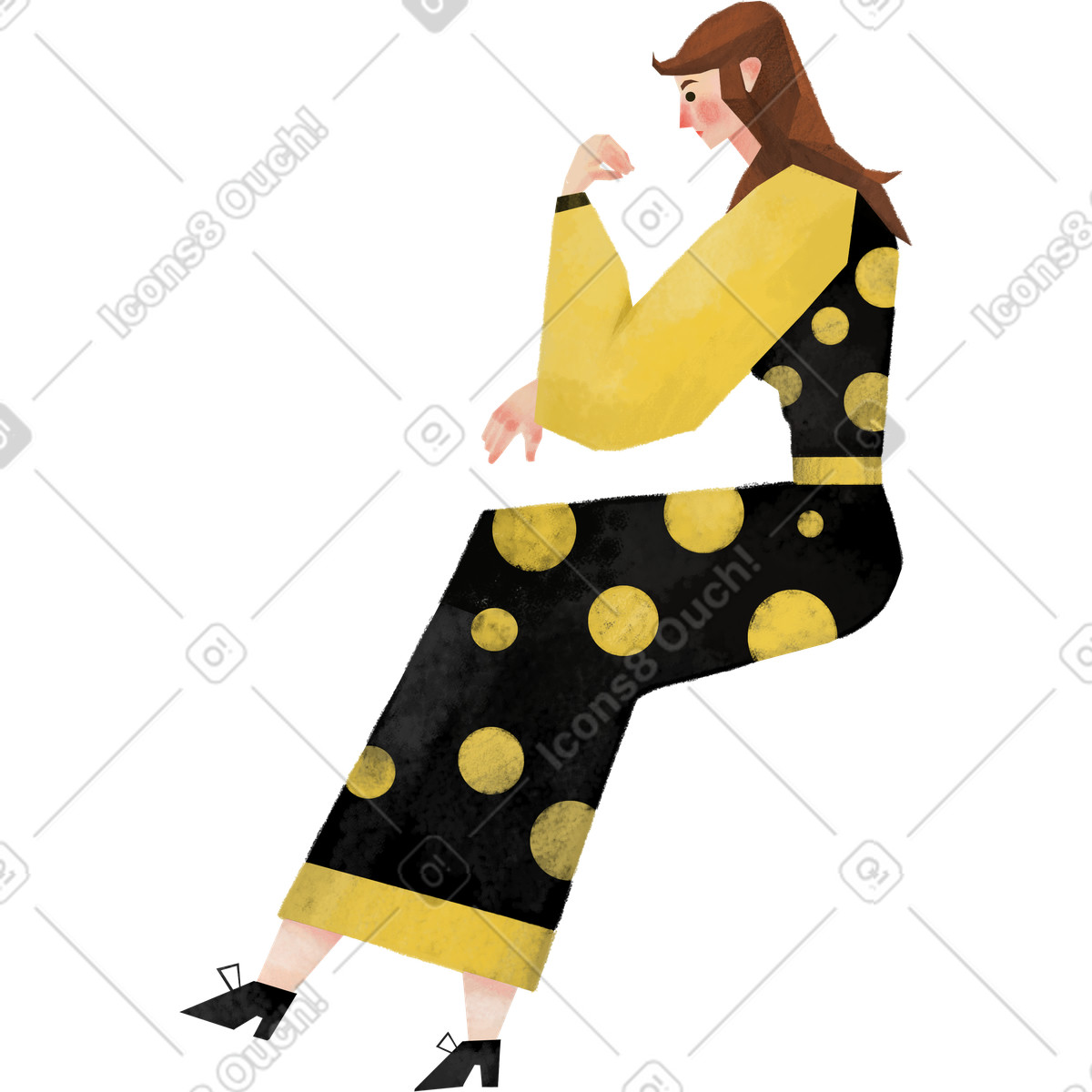 下载 Family 风格的 Person in yellow polka dot outfit sitting sideways 插画，支持 PNG、SVG 格式