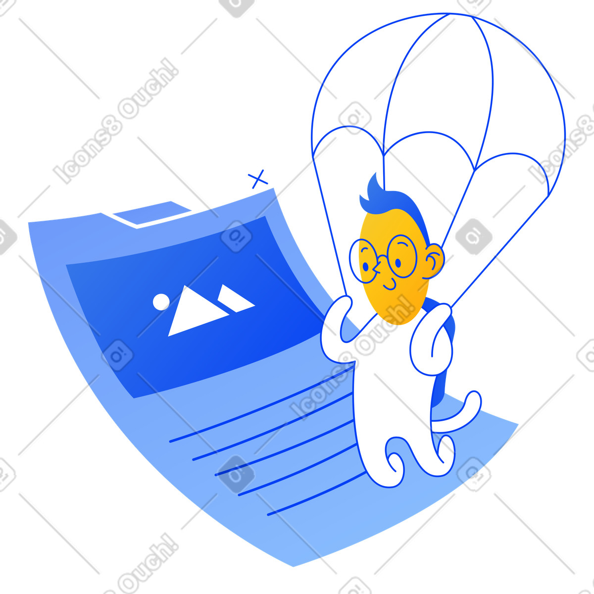 Uomo con paracadute che atterra sulla landing page del sito web illustrazione in stile Buddy scarica in PNG, SVG