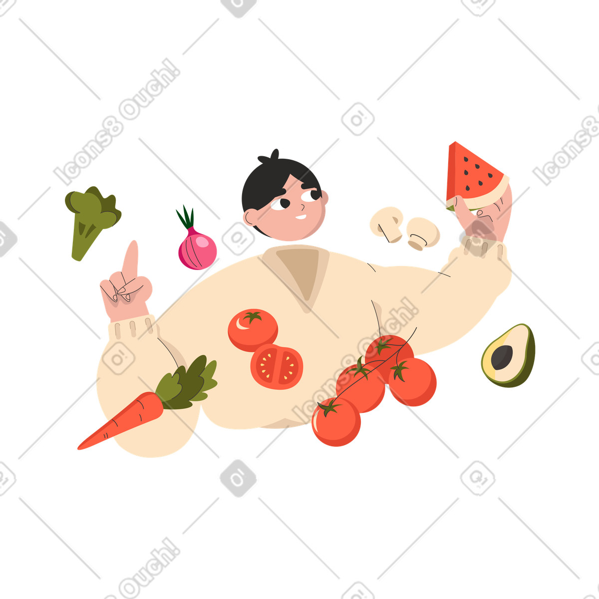 Uomo con frutta e verdura che vive una vita sana illustrazione in stile Dizzy scarica in PNG, SVG