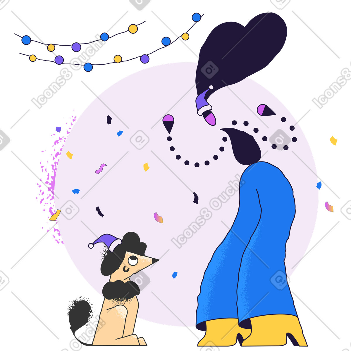 Donna e cane festeggiano a natale illustrazione in stile Conifer scarica in PNG, SVG
