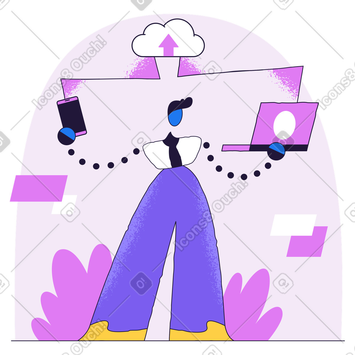 Illustration Homme téléchargeant des fichiers sur le cloud dans style Conifer à télécharger aux formats PNG, SVG