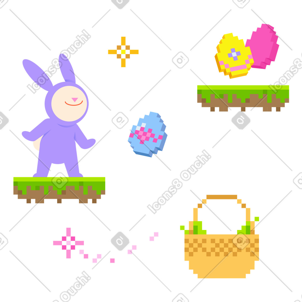 Easter bunny collecting eggs in a basket illustration 8bit style download PNG, SVG