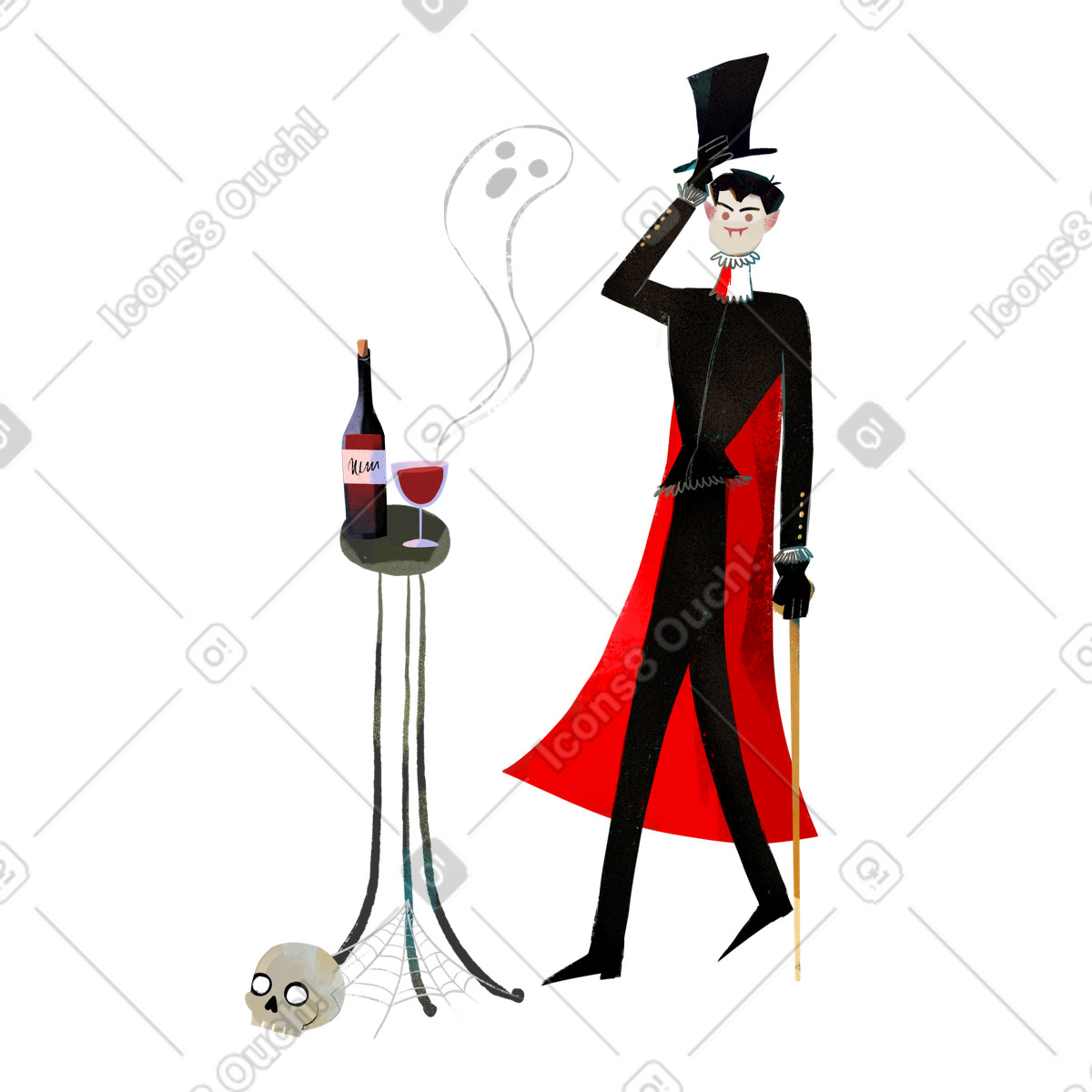 Ilustración Vampiro con botella de vino y copa en estilo Fabulous a descargar en PNG SVG