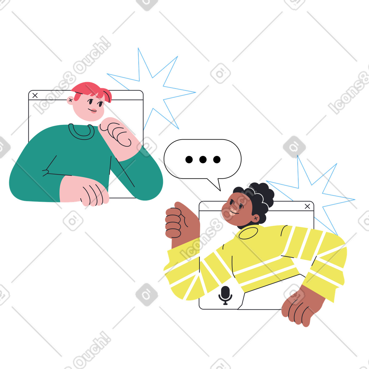 Boba スタイルの Colleagues chatting in online meeting, Remote teamwork and communication のイラストをPNG、SVG形式でダウンロード