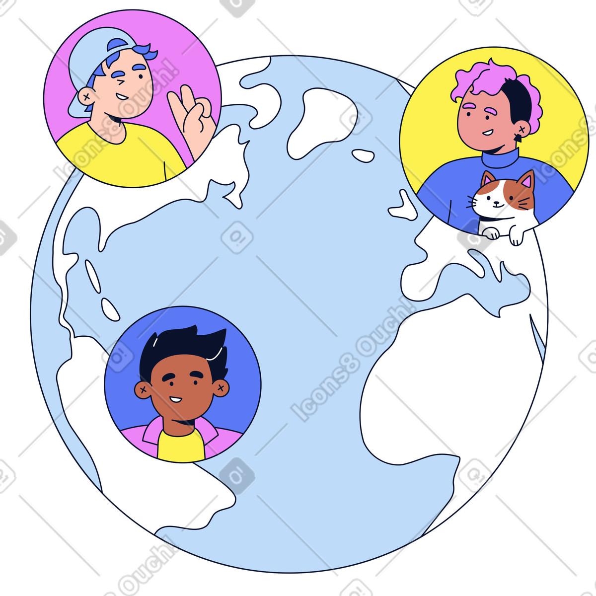 Ilustración Diverse people on world map, Global community and cross-cultural collaboration en estilo Flexy a descargar en PNG y SVG