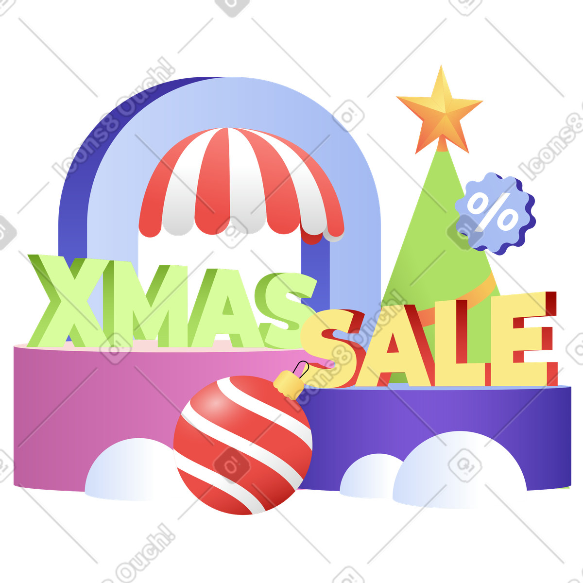 Lettering Xmas Sale with ornament and fir illustration in Levels style download in PNG, SVG
