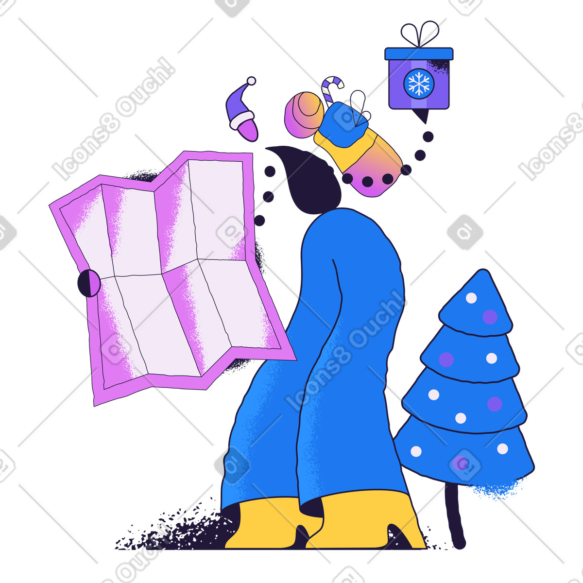 下载 Conifer 风格的 送圣诞礼物和看地图的女人 插画，支持 PNG、SVG 格式