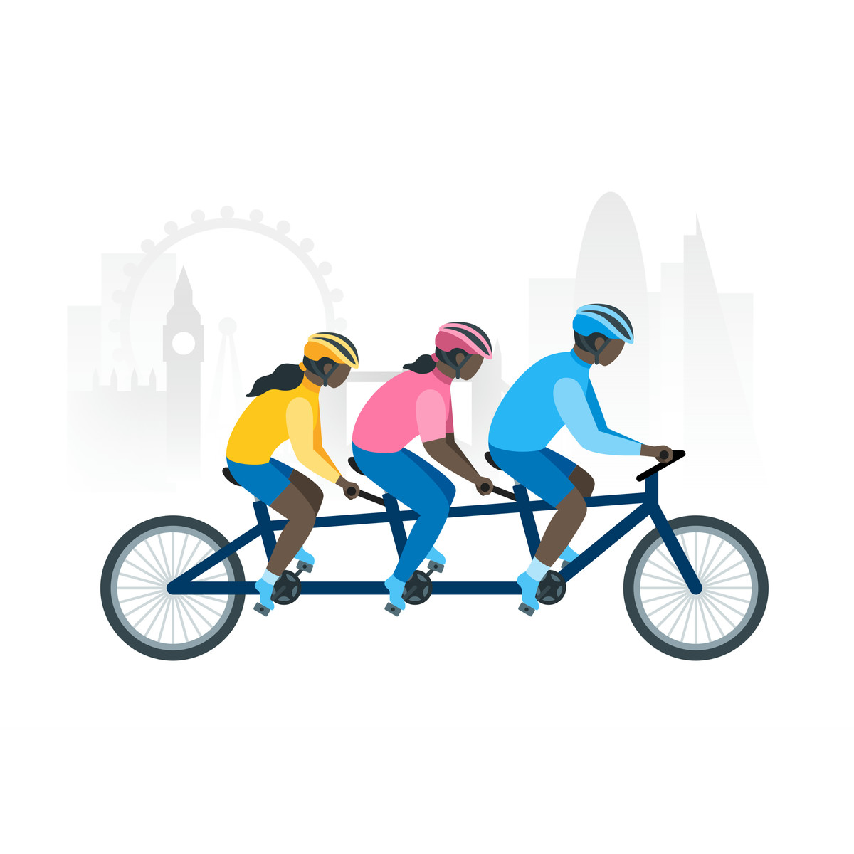 Illustration Group outdoor recreation with family on tandem bicycle dans le style Fogg à télécharger aux formats PNG, SVG