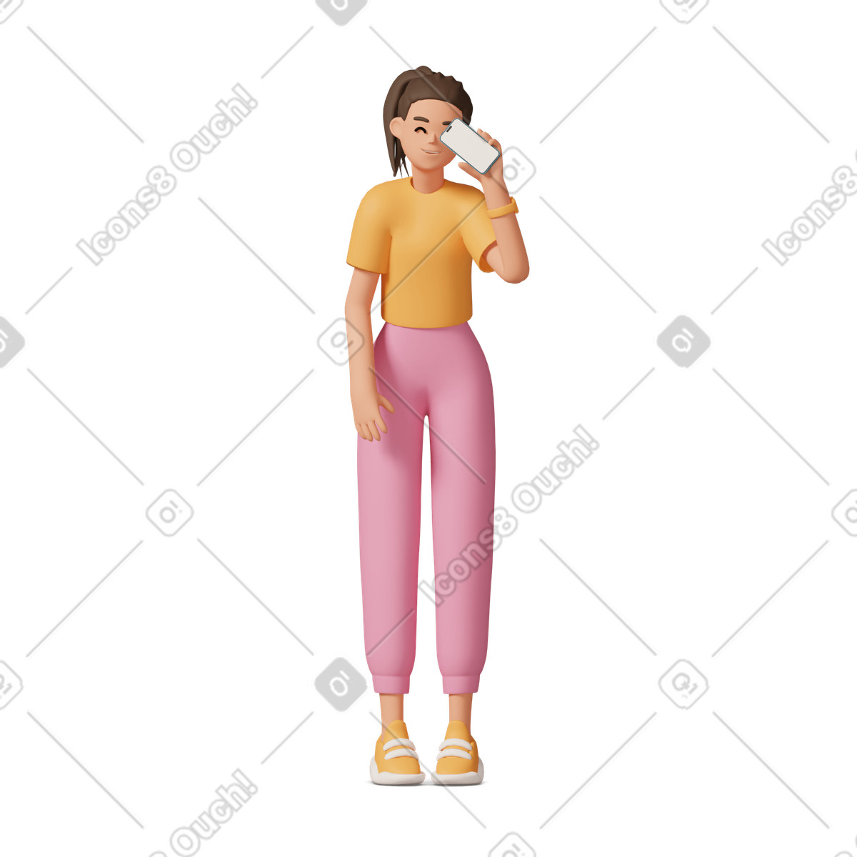 Happy woman holding phone illustration in 3D Casual life style download in PNG, SVG
