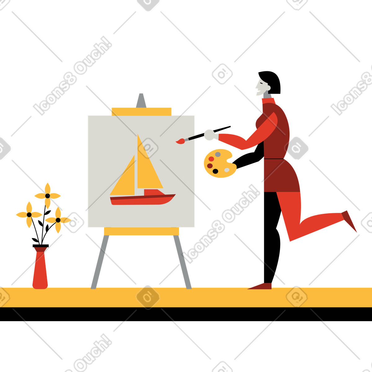 Illustration Artiste peignant un voilier sur une toile dans le style Burgundy à télécharger aux formats PNG, SVG