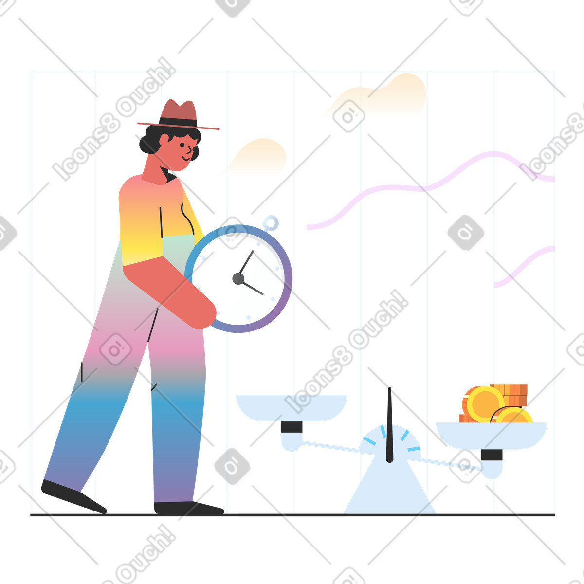 Fair pay with man placing his time on scale illustration in Marginalia style download in PNG, SVG