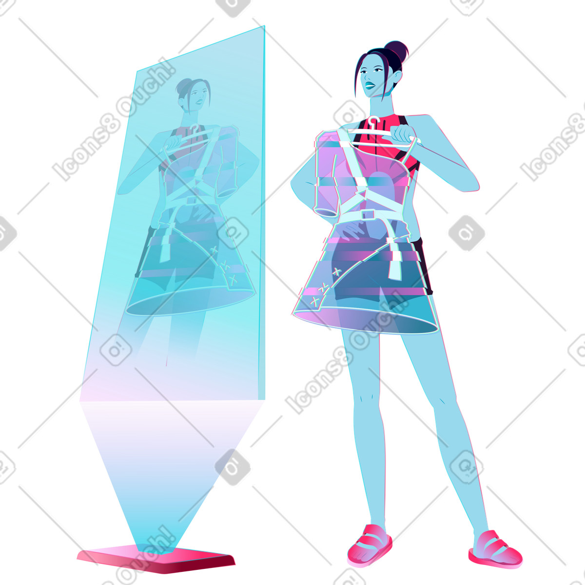 Customer exploring virtual outfit options, augmented reality shopping illustration in Neon style download in PNG, SVG