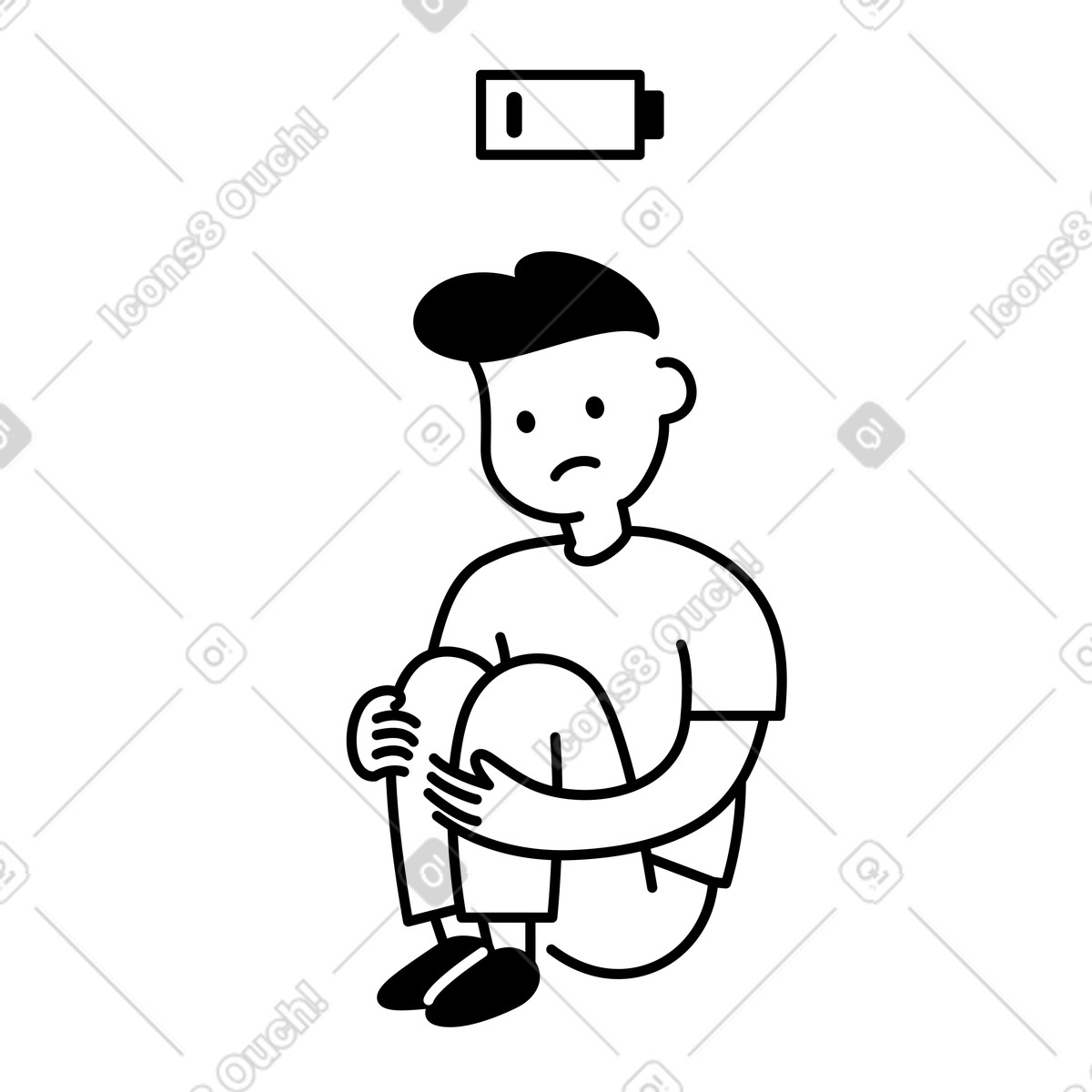 Illustration Fatigue character sitting hugging knees with low battery symbol dans le style Notion Line Art à télécharger aux formats PNG, SVG