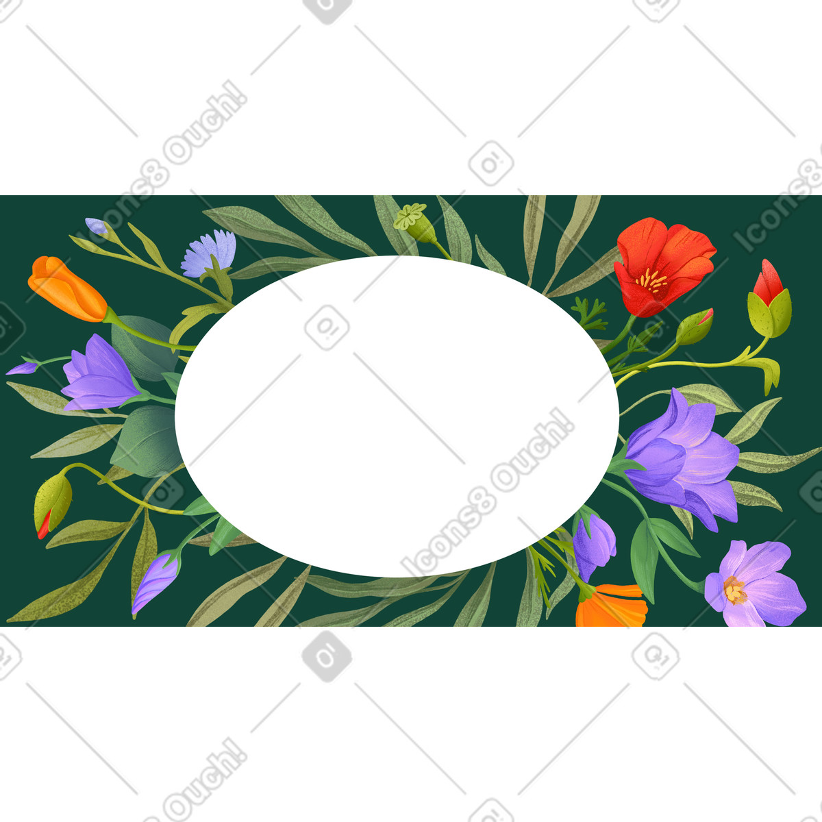 Colorful flowers framing oval copy space, Floral card layout illustration in style download in PNG, SVG