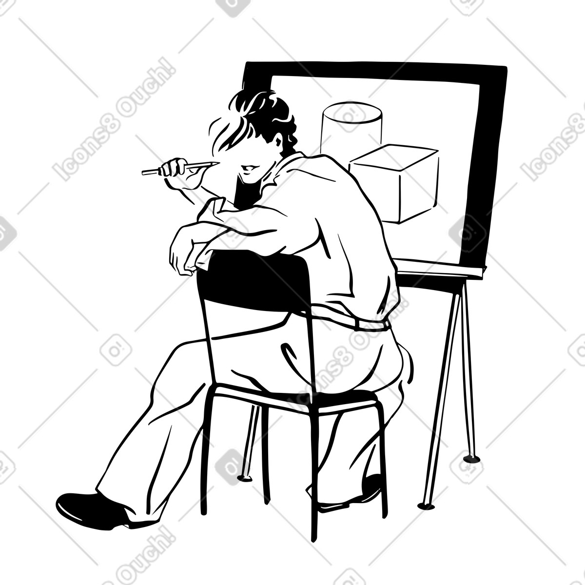 Illustration Artiste dessinant une image au crayon dans le style Line à télécharger aux formats PNG, SVG