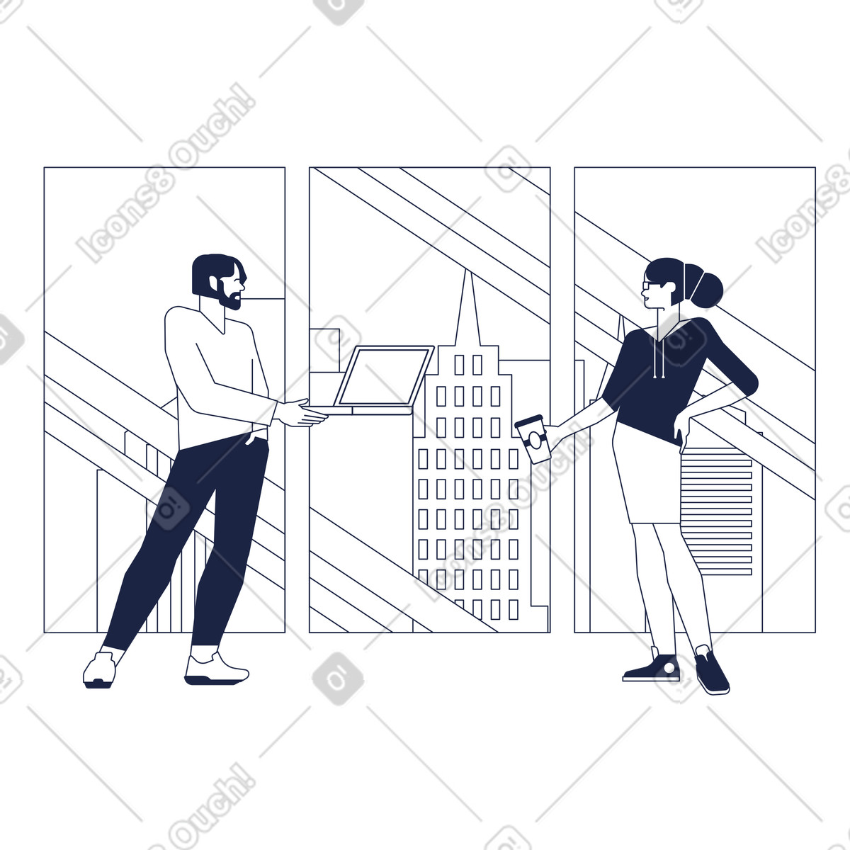 Иллюстрация Office workers with laptop and coffee, Workplace productivity or brainstorming в стиле Urban Line — скачать в форматах PNG, SVG