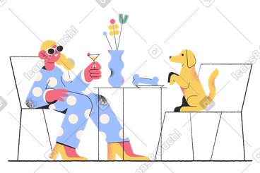Woman in polka dot suit and dog sitting at table in cafe PNG, SVG