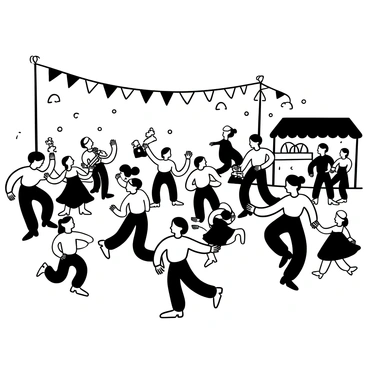 A large group of people in traditional clothing dancing joyfully in a vibrant outdoor setting. Some individuals are playing musical instruments, while others are clapping their hands in rhythm. Colorful banners are hanging above, fluttering gently in the breeze. There are decorated stalls in the background, displaying various traditional crafts. The atmosphere is filled with movement, with swirling skirts and flowing garments creating dynamic patterns. A few children are running around, adding to the lively scene.