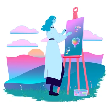 An artist with medium-length blue hair and wearing a white smock stands on a grassy hill, focused on their canvas. The landscape features rolling hills bathed in warm shades of pink and orange as the sun rises in the background. The sky is filled with fluffy clouds illuminated by the soft sunlight, casting gentle shadows on the ground. The artist is holding a brush in one hand and palette in the other, capturing the vivid colors of the scene on the canvas. Various art supplies are scattered around them, and a gentle breeze can be seen in the movement of the grass.