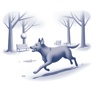 A dog with a sleek coat is running rapidly across a grassy park. Its ears are perked up, and its tail is wagging enthusiastically. The dog is focused on a ball it is chasing, which is suspended in mid-air. The park is populated with several tall trees, their trunks thick and branches spreading wide, providing patches of shade on the ground. The background features a few scattered benches, and the grass is dotted with some wildflowers.