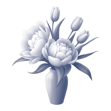 A mixed bouquet arranged in a vase. The bouquet includes several large, round peonies with broad petals and graceful tulips with elongated, smooth shapes. The flowers are closely packed together, showcasing their various sizes and forms. The peonies are fluffy and open, while the tulips stand tall and sleek. The vase is simple, allowing the flowers to be the focal point of the composition. The arrangement has a natural flow with some flowers leaning slightly to one side, creating a sense of movement.