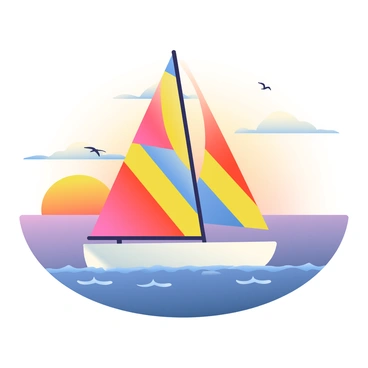A colorful sailboat with a vibrant red, yellow, and blue sail is gliding across the ocean. The water reflects the warm hues of the sunset, showcasing shades of orange, pink, and purple. The sailboat's hull is white, creating a striking contrast against the deep blue of the ocean. The sun is low on the horizon, casting a golden glow on the scene. Gentle waves ripple around the boat, and a few seagulls are flying in the background, silhouetted against the colorful sky.