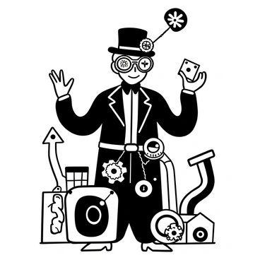 A joker wearing a colorful steampunk outfit, featuring a long coat adorned with various gears and cogs. He is equipped with oversized goggles resting on his forehead, reflecting intricate mechanical designs. The joker's accessories include a pocket watch hanging from a chain, and various whimsical gadgets attached to his belt. In one hand, he holds a playing card, while the other hand gestures playfully. The background features pipes and clockwork elements, enhancing the steampunk theme.