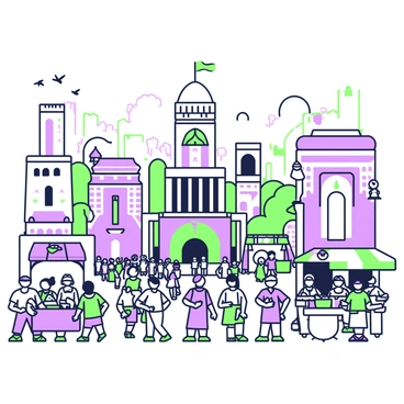 An ancient city bustling with life is depicted on a 9x12 illustration board. The city features tall stone buildings with intricate carvings, forming a maze of narrow streets. In the foreground, a marketplace is filled with vendors selling various goods, surrounded by a crowd of people engaging in animated conversations. Some individuals are seen carrying baskets, while others are bartering with the vendors. In the background, a large temple with impressive columns stands prominently, while vibrant banners hang between the buildings. The sky overhead is dotted with birds in flight, adding to the lively atmosphere of the scene.