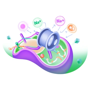 A modern pastel illustration depicting a sodium-potassium pump embedded in a cell membrane. The pump is represented as a dynamic, intricate structure with clear, flowing lines and vibrant colors that highlight its functionality. Surrounding the pump are various ions, with "Na+" and "K+" labels, moving in and out of the cell, illustrating the active transport process. The background includes stylized representations of cell organelles, emphasizing the role of the pump in maintaining cell homeostasis.