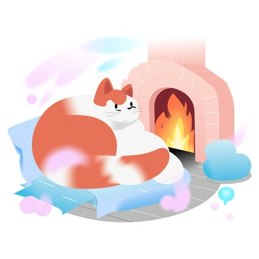 A fluffy cat is curled up in a comfortable position in front of a roaring fireplace. The cat has a mix of soft orange and white fur. The flames of the fireplace cast warm light, creating a soft glow around the cat. There is a warm blanket draped nearby, and the floor is made of wooden planks. A few scattered pillows can be seen around the cat, adding to the cozy atmosphere. The scene is filled with gradient pastel colors, enhancing the warmth and comfort of the setting.