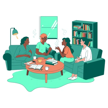 A teal living room filled with soft, plush furniture is the setting for a book club meeting. A round wooden table is placed at the center, where a stack of colorful novels sits alongside steaming mugs of tea and coffee. Several members, a diverse group of individuals, are engaged in animated conversation. One person leans forward passionately, gesturing towards an open book, while another nods thoughtfully, holding a mug in their hands. The cozy atmosphere is accentuated by a warm orange glow from a nearby lamp, and a small bookshelf filled with various books lines the walls, adding to the inviting environment.