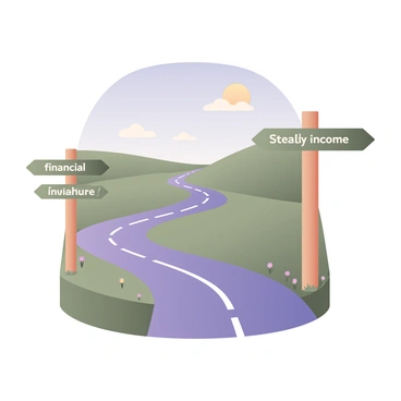 A digital flat illustration featuring a long, winding road that stretches into the distance. On both sides of the road, there are multiple signposts. One signpost points to "financial freedom" and another signpost points to "steady income." The signposts are wooden with green arrows, standing tall beside the road. The sky above is clear with a few fluffy clouds, and the sun is shining. Lush green grass borders the road, and there are small wildflowers scattered along the sides. In the background, there are rolling hills, adding depth to the scene.