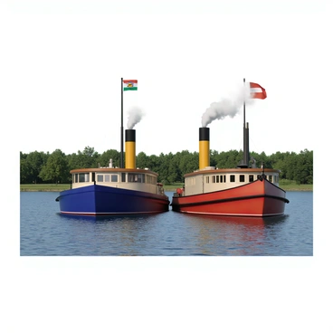 Two steamboats are positioned side by side on a wide river, their hulls painted in contrasting colors. The first steamboat, with a deep blue exterior, has tall smokestacks emitting puffs of white steam. It proudly displays a colorful flag atop its mast, symbolizing its ownership. The second steamboat, featuring a bright red hull, also has prominent smokestacks and a different flag fluttering in the breeze. The river is calm, reflecting the boats and the surrounding greenery along the banks.