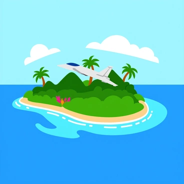 An F5 jet flying at a high altitude above a tropical island. The island features crystal clear waters reflecting the bright blue sky. Lush greenery covers the island, with tall palm trees and vibrant tropical plants visible. The jet is positioned slightly off-center, emphasizing the vastness of the sky and the beauty of the island below. The sunlight casts shadows from the jet onto the sparkling water.